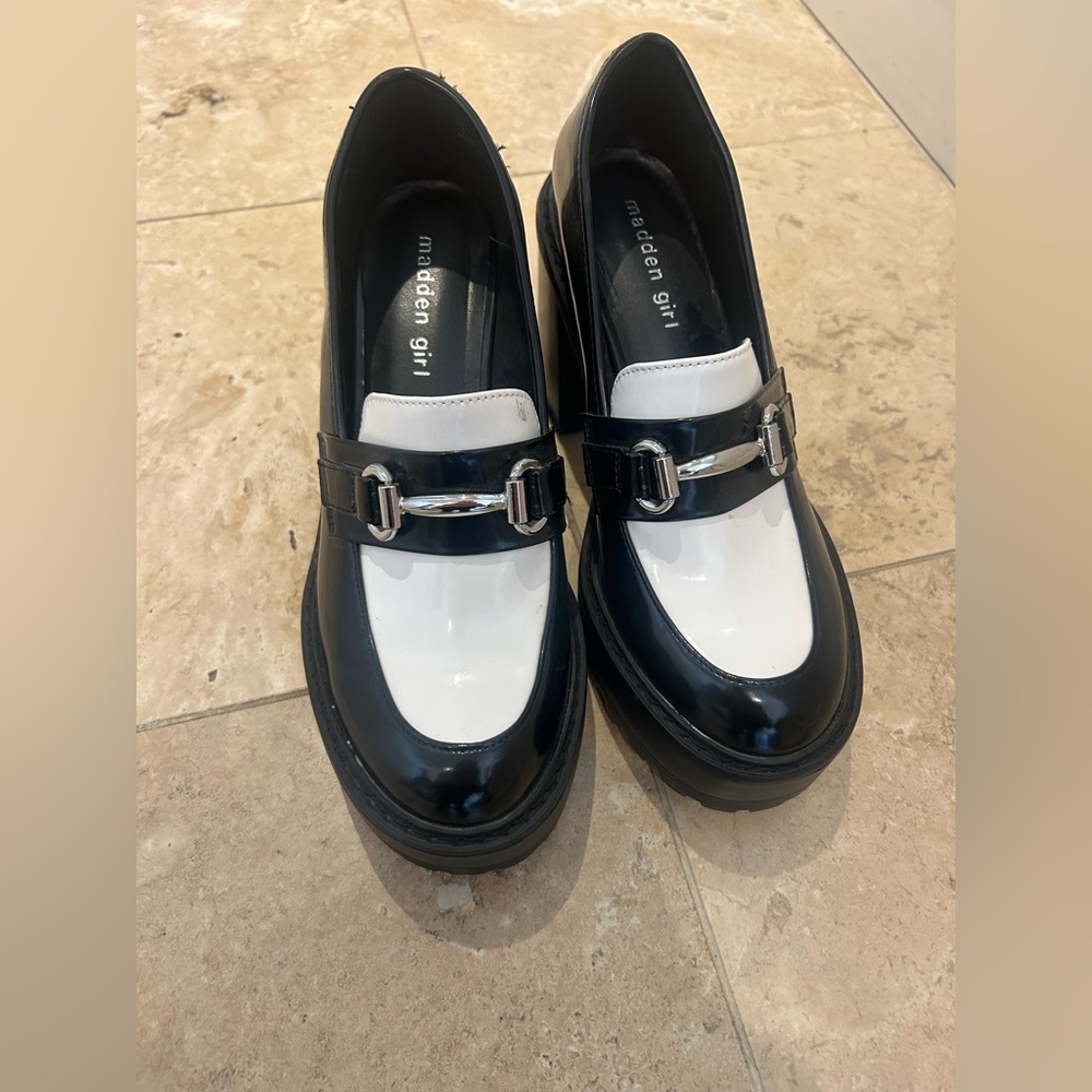 Madden Girl Two-Tone Black and White Loafers